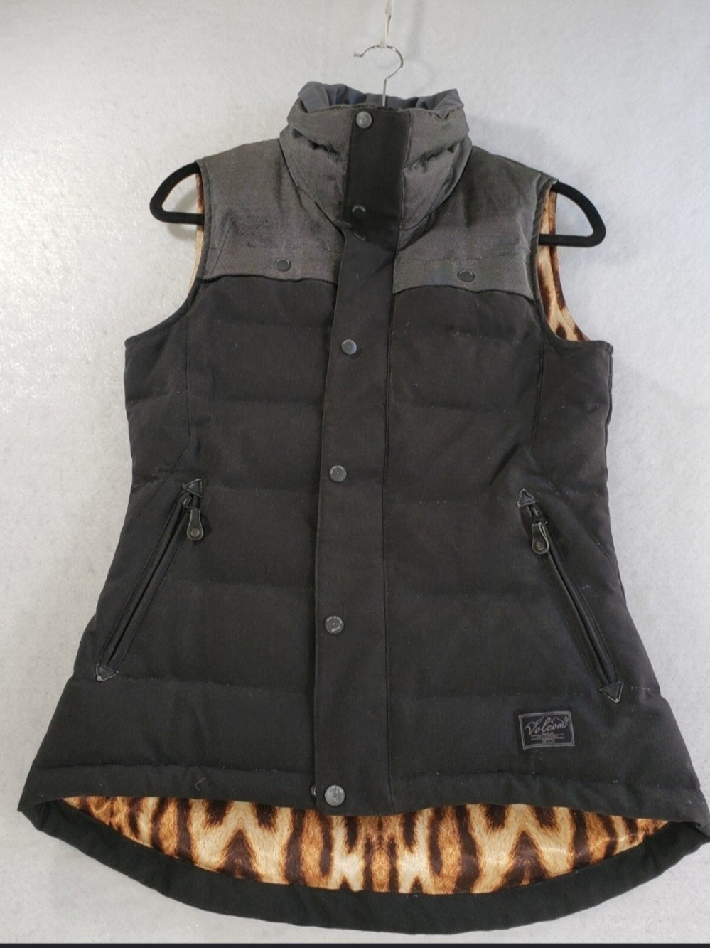 Volcom Women's Black Quilted Puffer Vest with Leopard-Print Lining